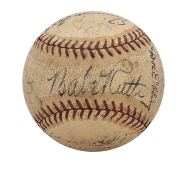 1934 Tour of Japan Team Signed OAL Harridge Baseball with 19 Signatures Including Babe Ruth, Lou Gehrig, Jimmie Foxx, Averill, Gehringer, Gomez, Mack and Moe Berg (JSA) 